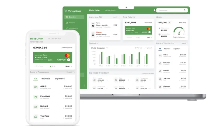 Responsive finance dashboard UI displayed on desktop and mobile showing analytics, transactions, and account balance overview.